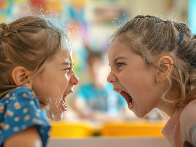 Zwei Kinder streiten lautstark im Klassenzimmer